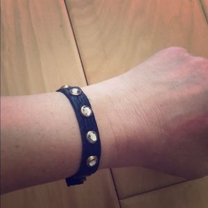 Black italian leather bracelet with gold and rhine